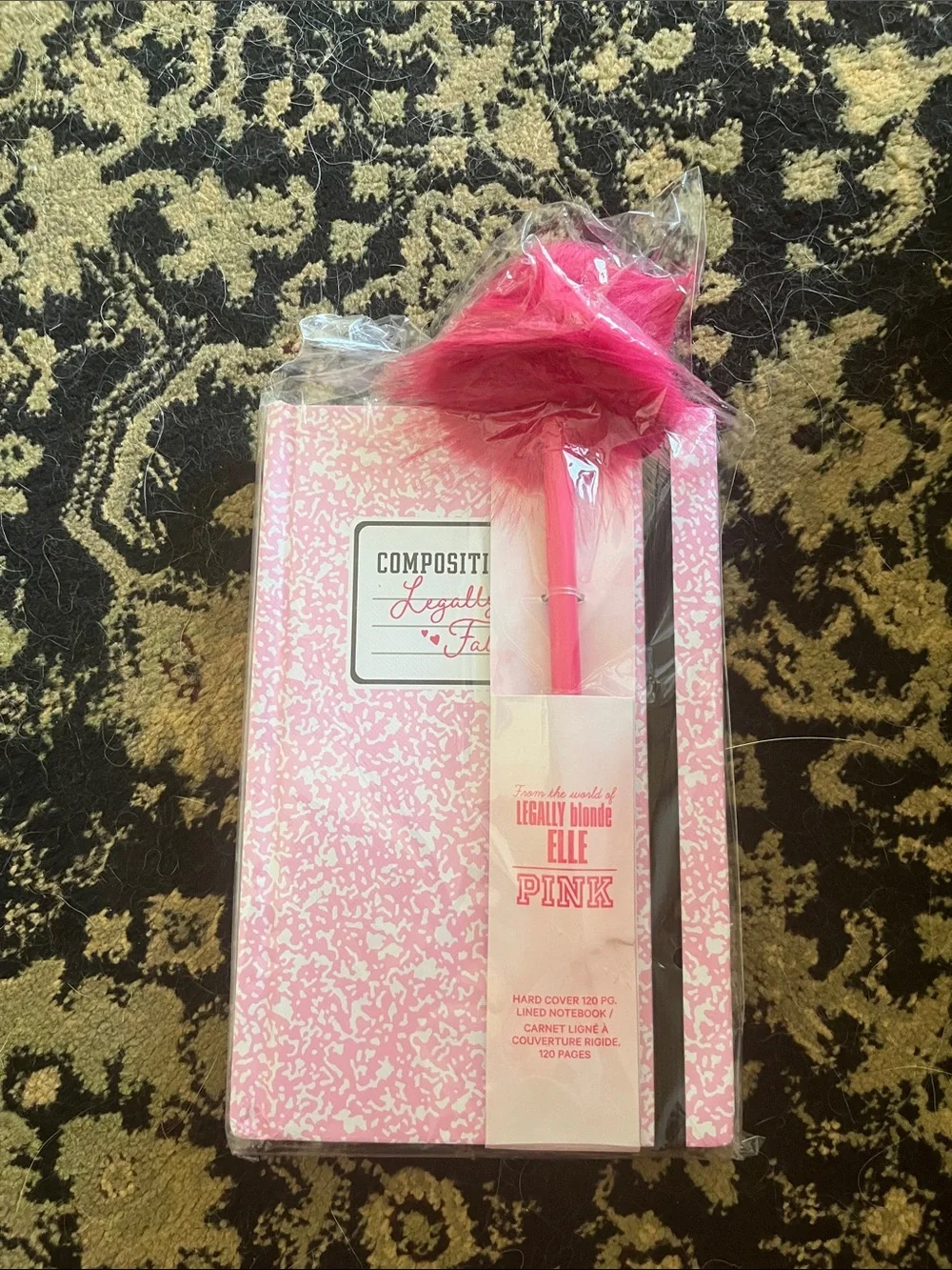PINK Victoria's Secret Hot Pink Feather Pen & Pink Composition Notebook Set